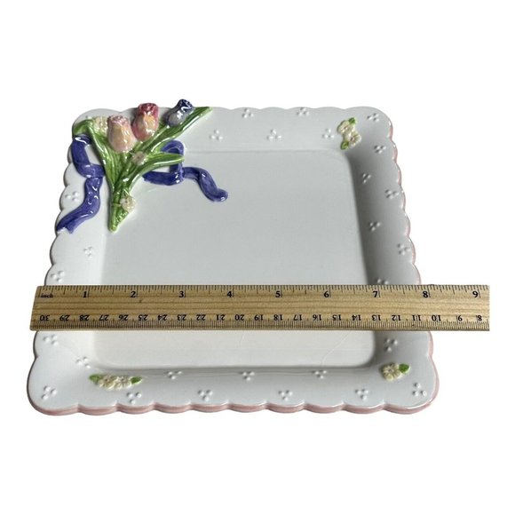 Ganz Bella Casa 8" Square Ceramic Plate 3D Roses Purple Bow Scalloped Iridescent - Picture 7 of 8